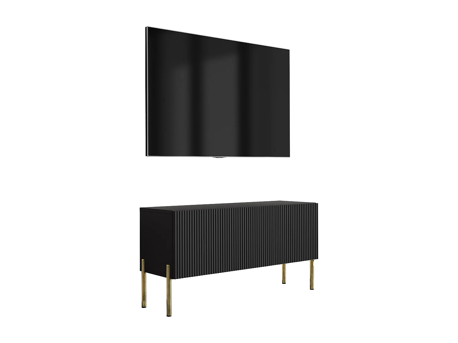 TV-Schrank mit geriffelter Front, Mattschwarz, gerade goldene Beine, 100 × 32 × 52 cm