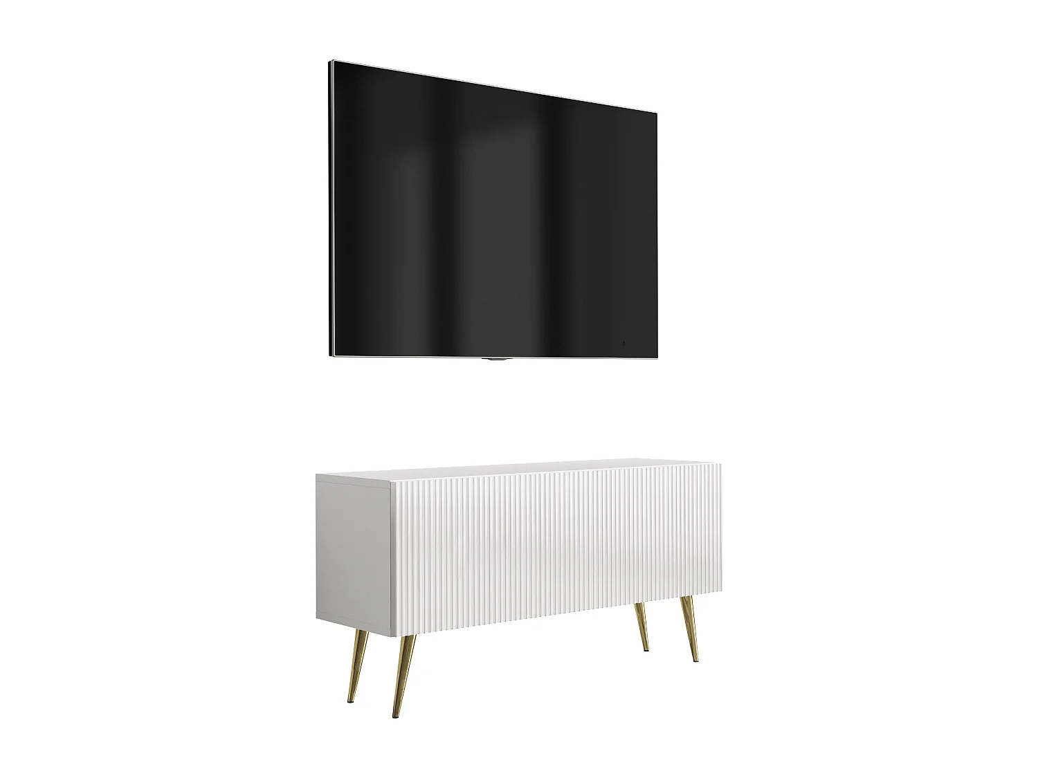 TV-Schrank mit geriffelter Front, Mattweiß, goldfarbene, schräge Beine, 100 × 32 × 52 cm