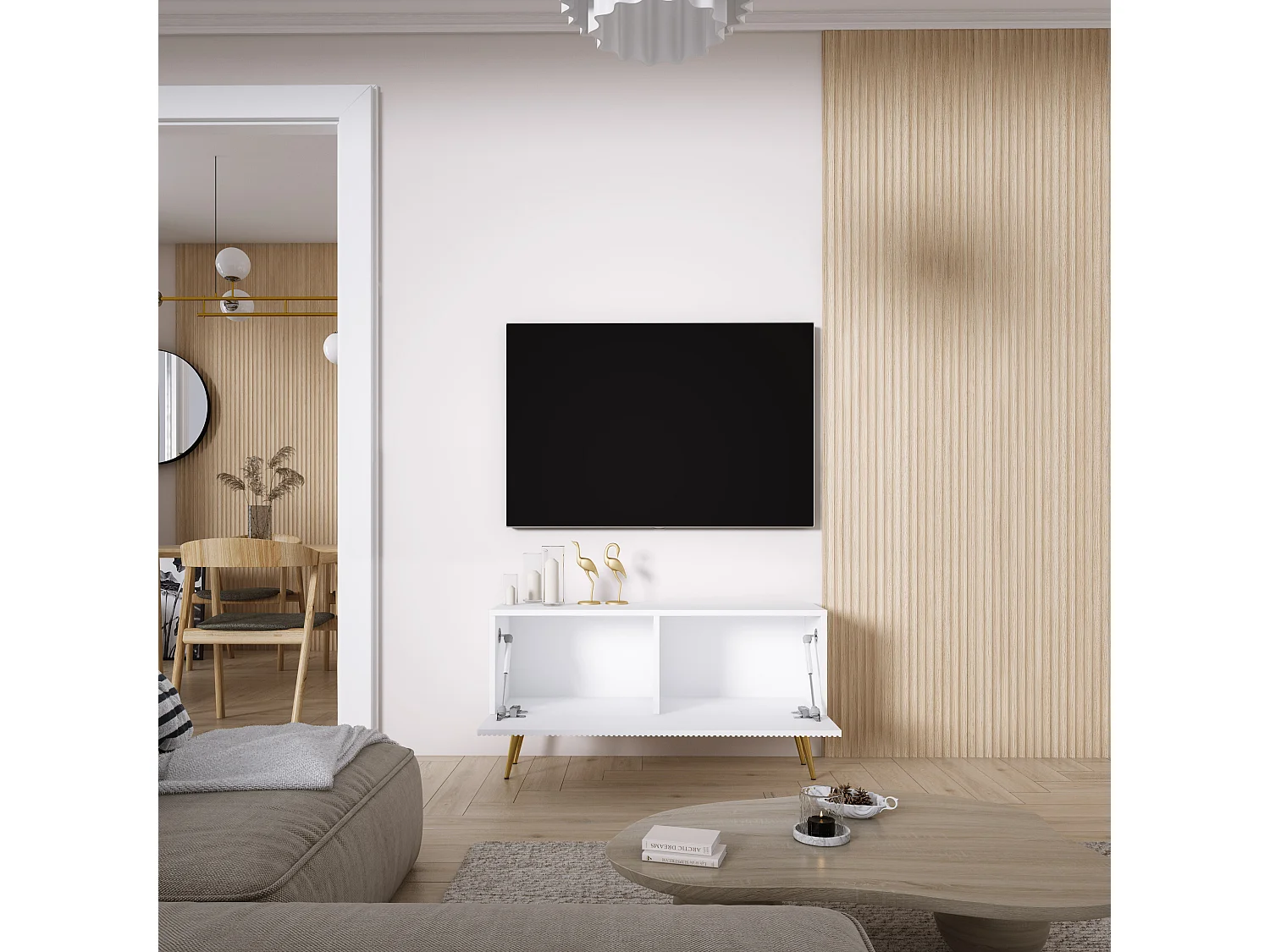 TV-Schrank mit geriffelter Front, Mattweiß, goldfarbene, schräge Beine, 100 × 32 × 52 cm