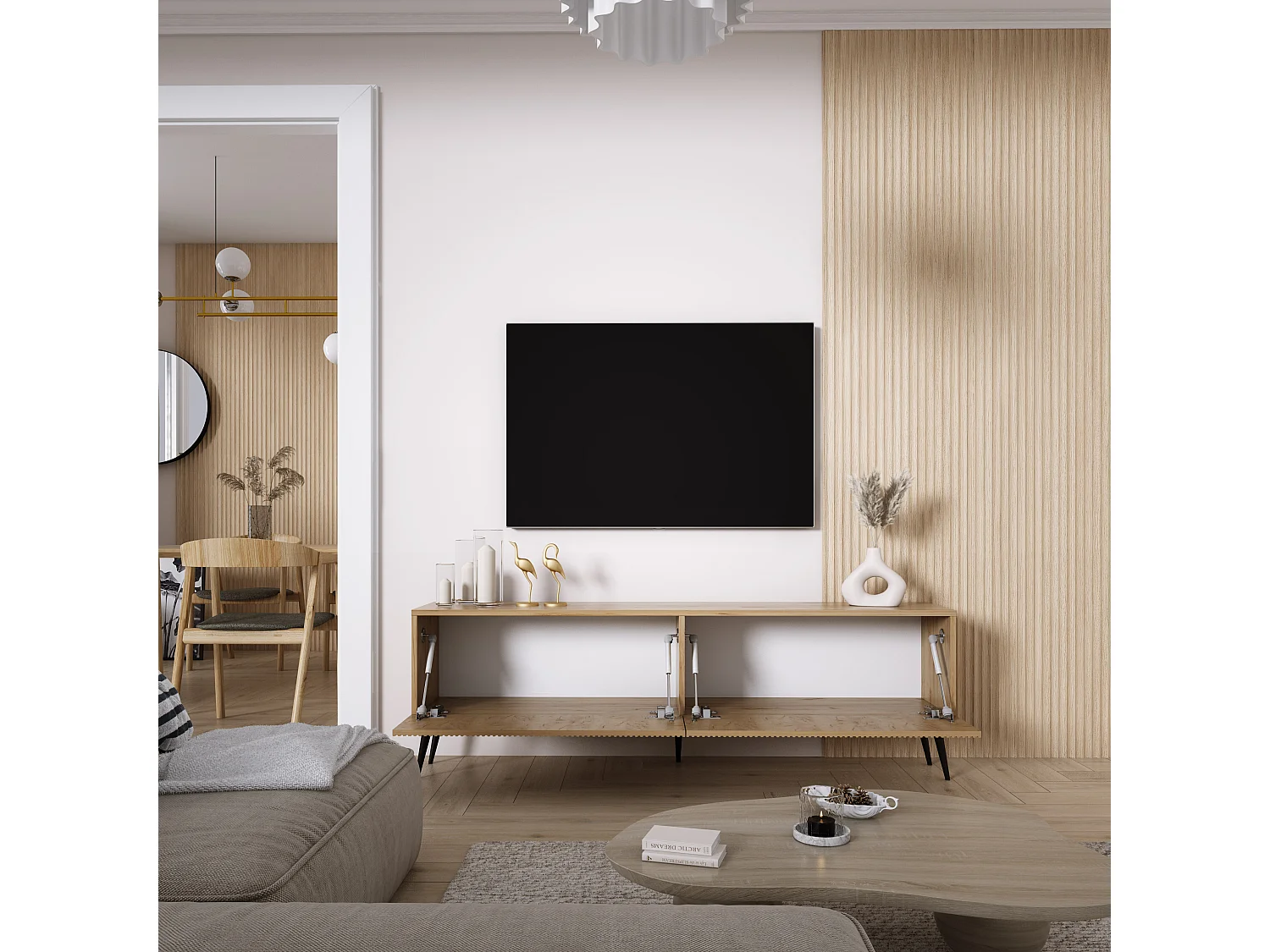 Mobile TV 170, frontali scanalati, Rovere Craft, gambe inclinate nere, 170 × 32 × 52 cm