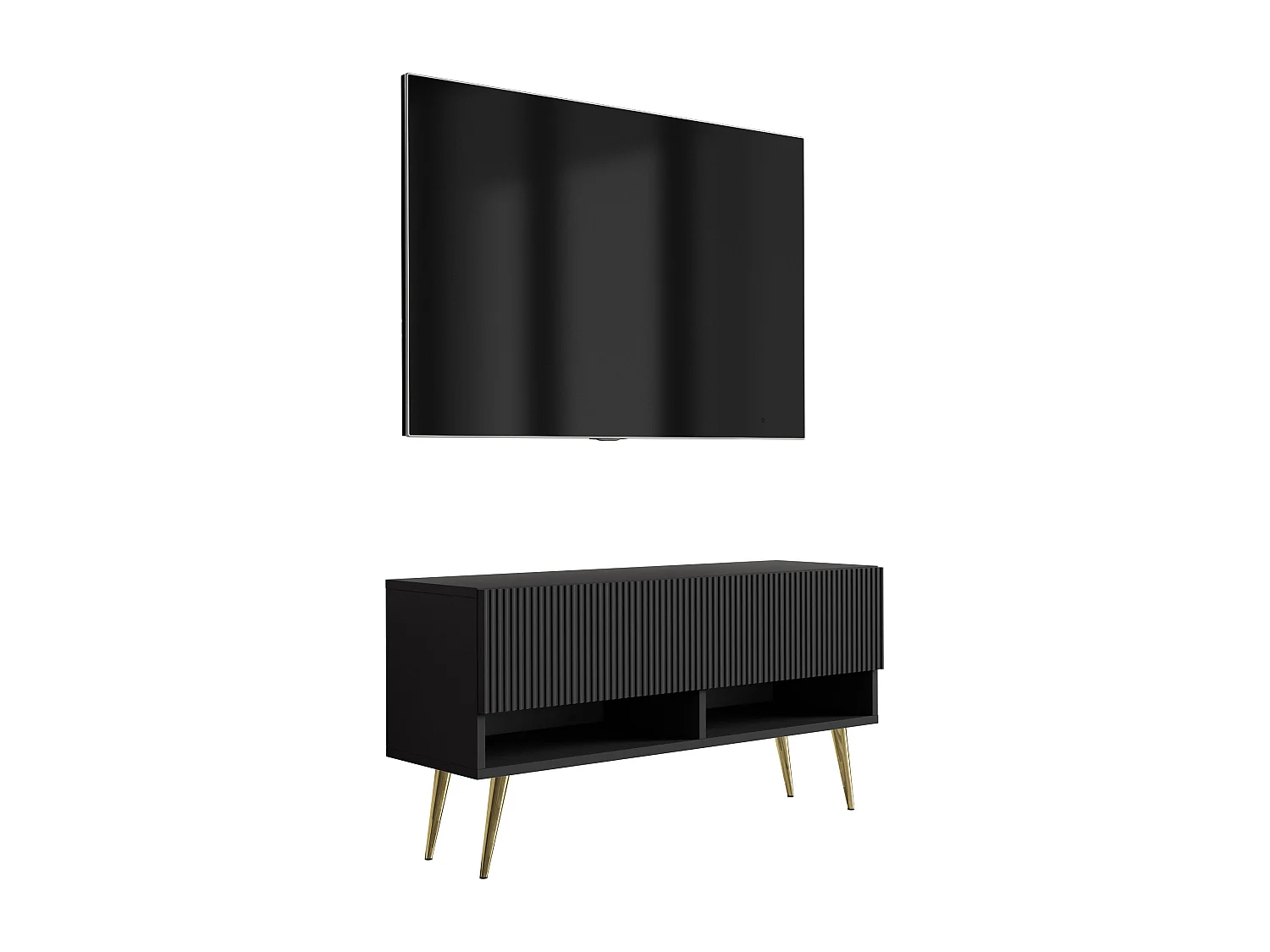 TV-Schrank mit geriffelter Front, Mattschwarz, goldfarbene, schräge Beine, 100 × 32 × 52 cm