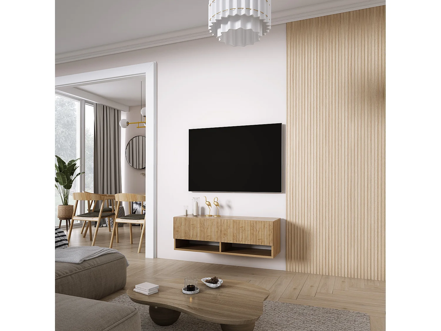 Szafka pod telewizor z ryflowanym frontem 100, Dąb Craft, 100 × 32 × 33,6 cm