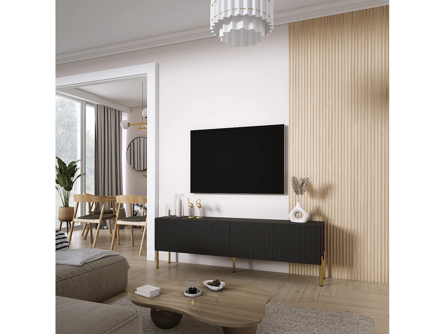 TV-Schrank mit geriffelte Fronten, Mattschwarz, gerade goldene Beine, 170 × 32 × 52 cm