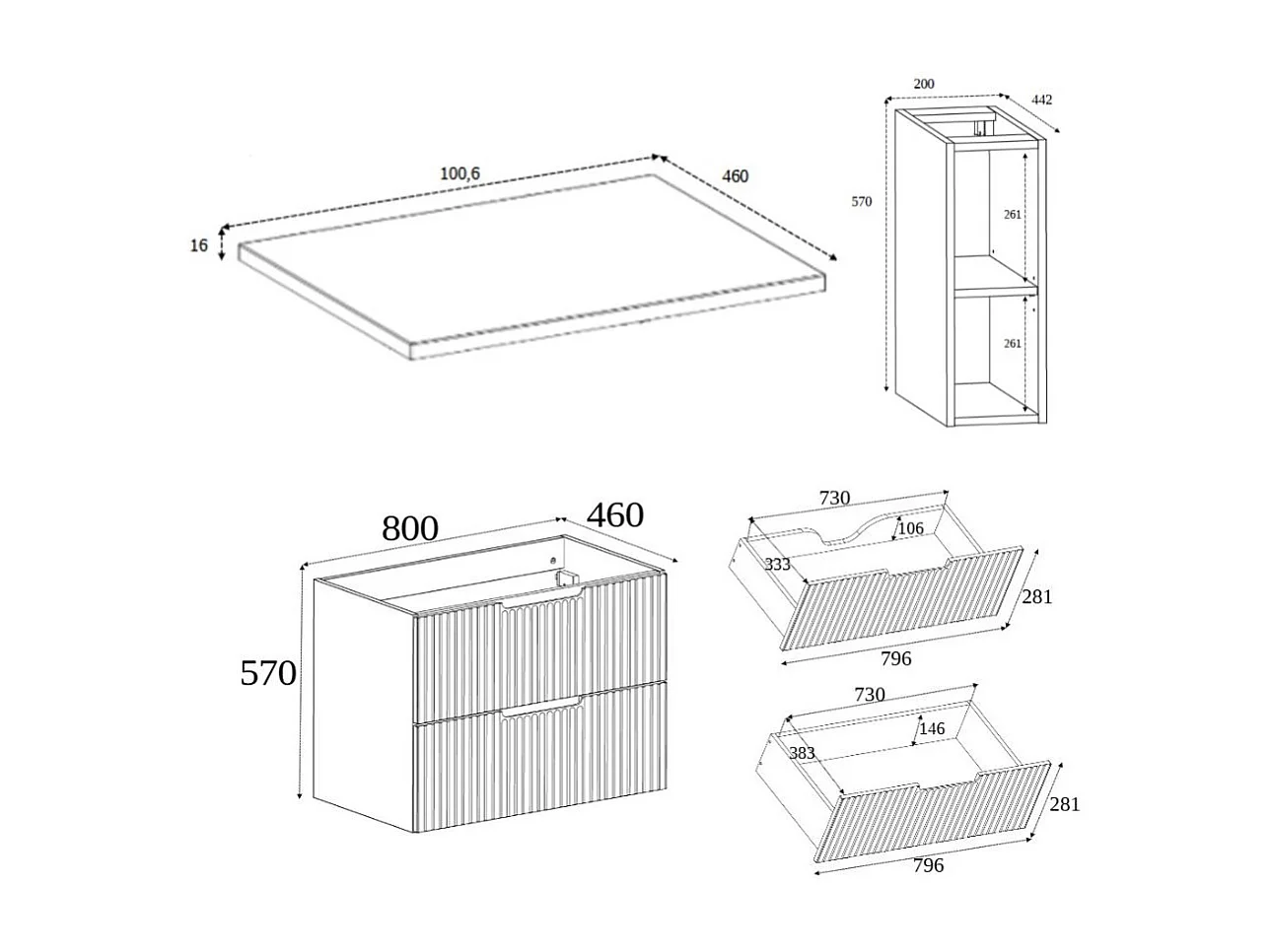Mobiletto da bagno, rovere Craft / bianco, 100 (80 + 20) x 58,6 x 46 cm