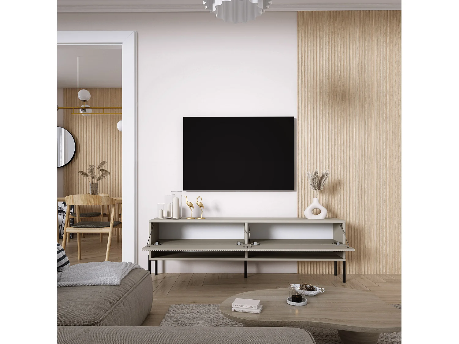 TV-Schrank mit geriffelte Fronten, Kaschmir, gerade schwarze Beine, 170 × 32 × 52 cm