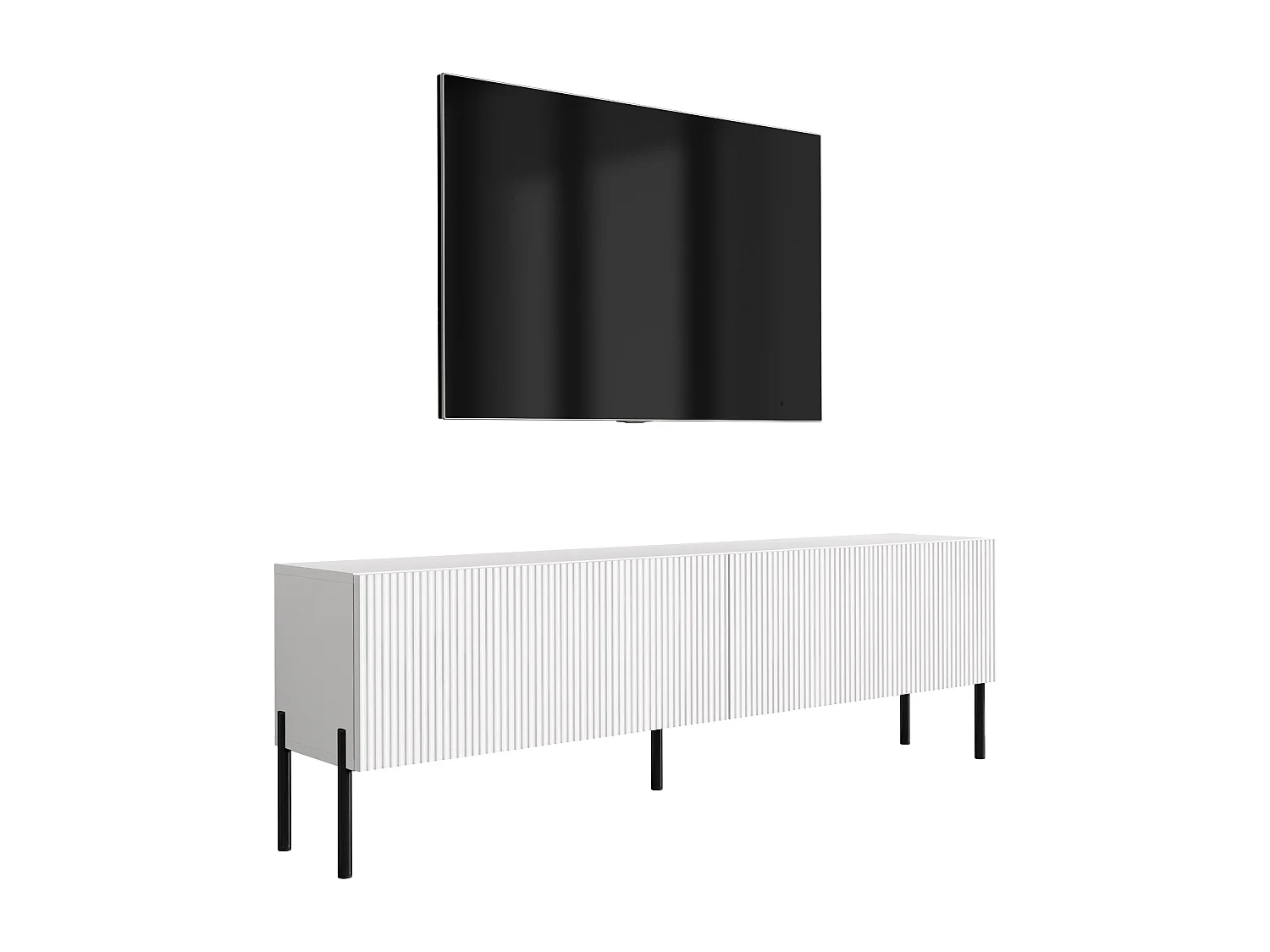 TV-Schrank mit geriffelte Fronten, Mattweiß, gerade schwarze Beine, 170 × 32 × 52 cm