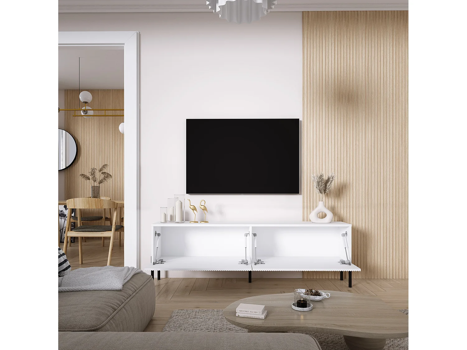 TV-Schrank mit geriffelte Fronten, Mattweiß, gerade schwarze Beine, 170 × 32 × 52 cm