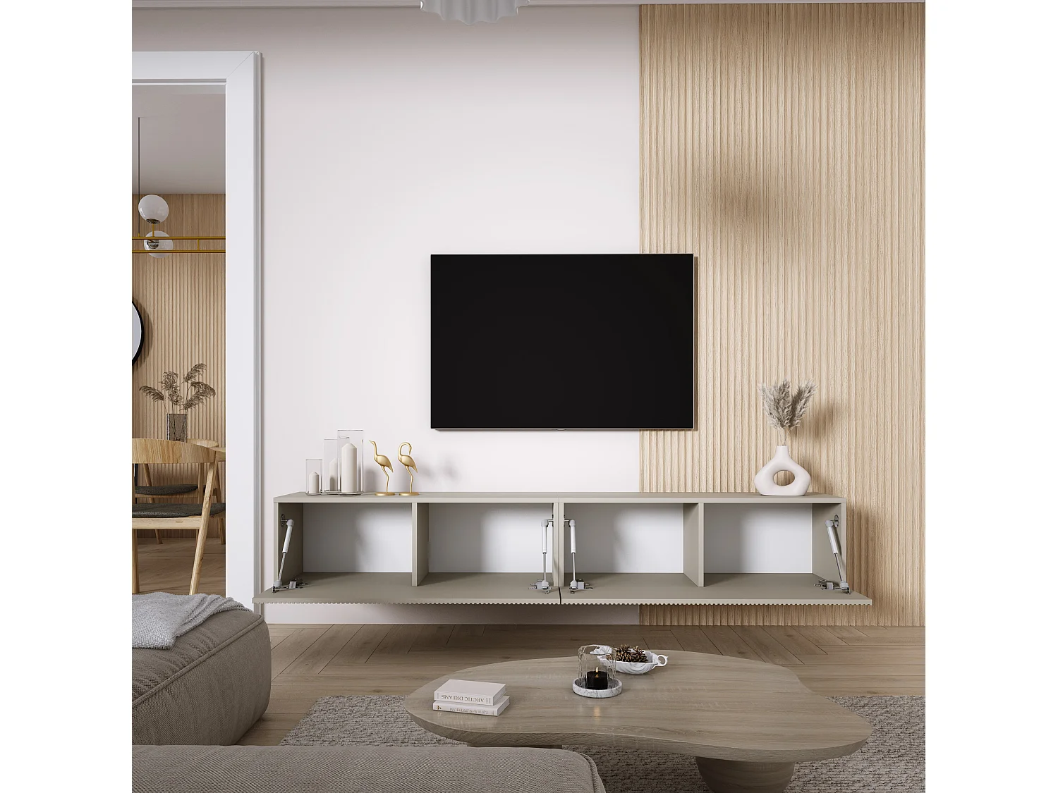 Szafka pod telewizor (2 x 100 cm), fronty ryflowane, Kaszmir, 200 × 32 × 33,6 cm