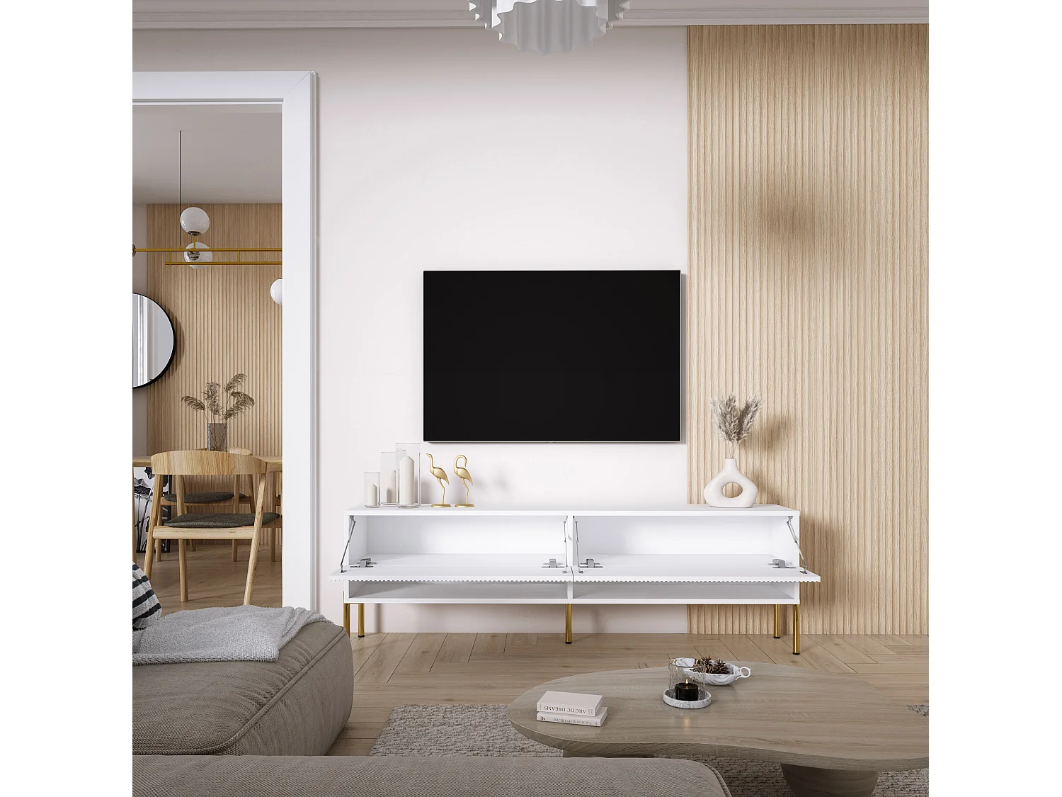 TV-Schrank mit geriffelte Fronten, Mattweiß, gerade goldene Beine, 170 × 32 × 52 cm