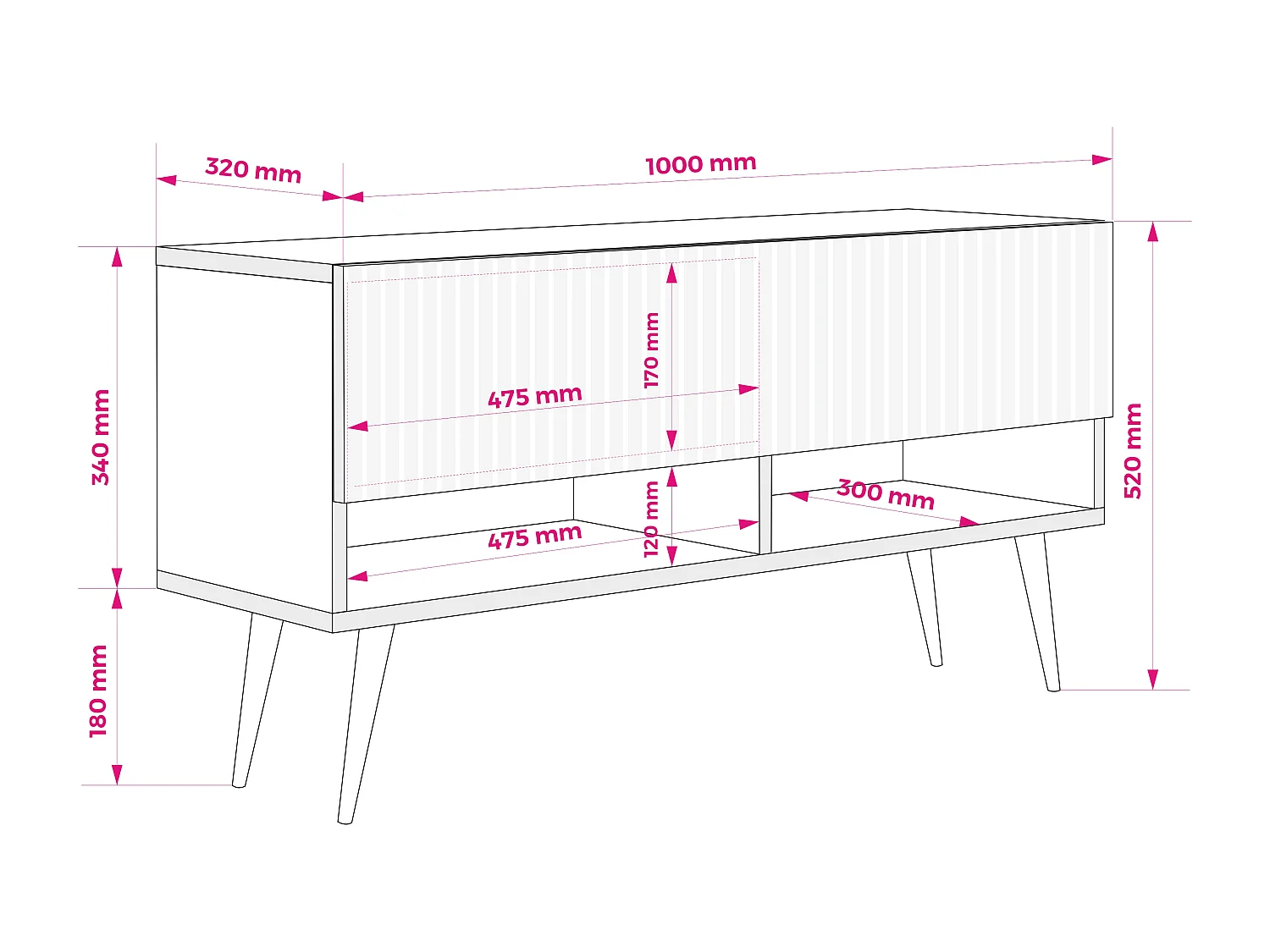 TV-Schrank mit geriffelter Front, Kaschmir, schwarze, schräge Beine, 100 × 32 × 52 cm