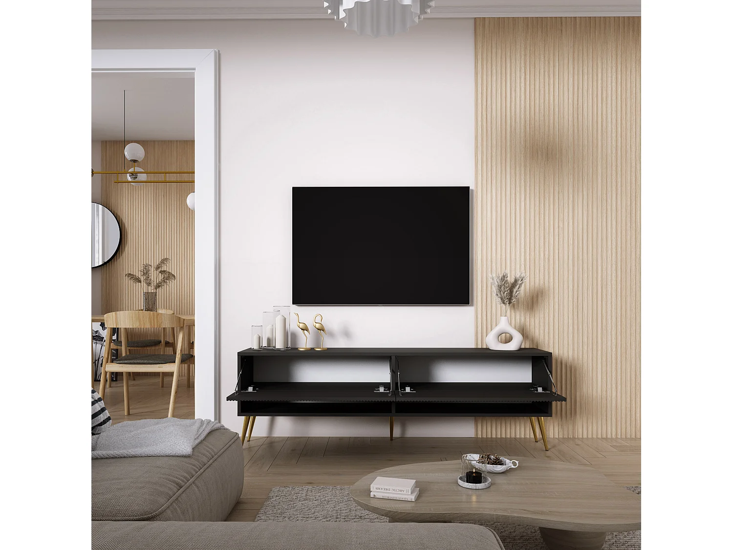 TV-Schrank mit geriffelte Fronten, Mattschwarz, goldfarbene, schräge Beine, 170 × 32 × 52 cm