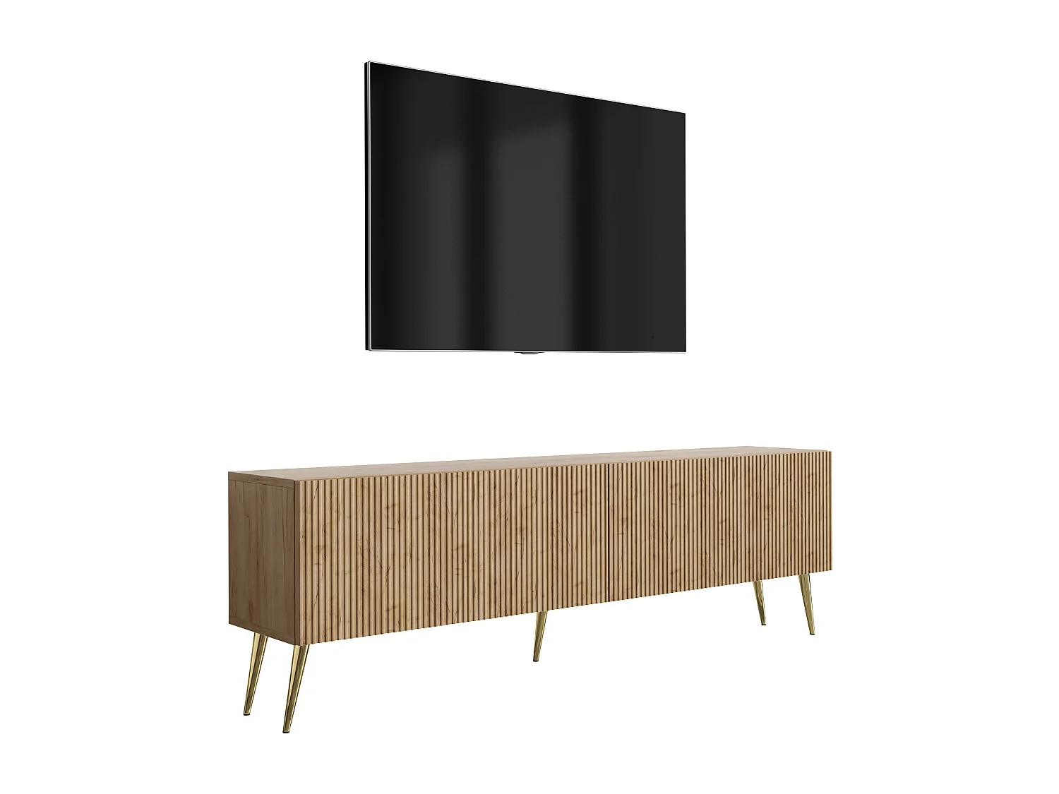 TV-Schrank mit geriffelte Fronten, Eiche Craft, goldfarbene, schräge Beine, 170 × 32 × 52 cm