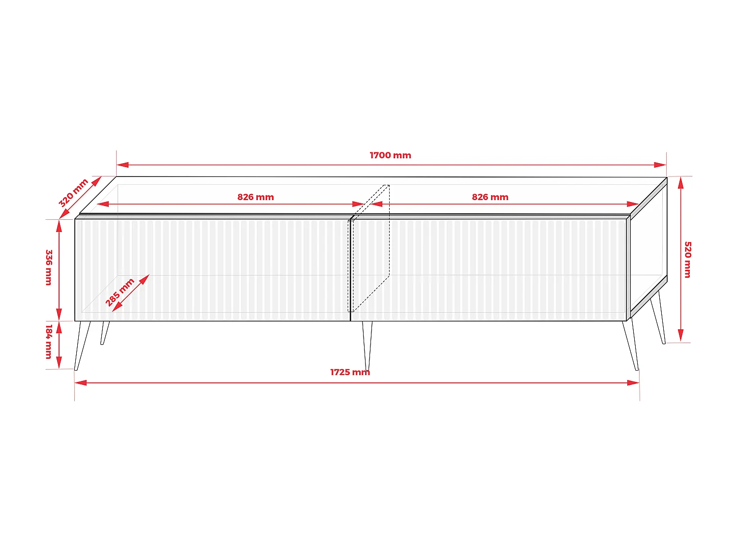 TV-Schrank mit geriffelte Fronten, Eiche Craft, goldfarbene, schräge Beine, 170 × 32 × 52 cm
