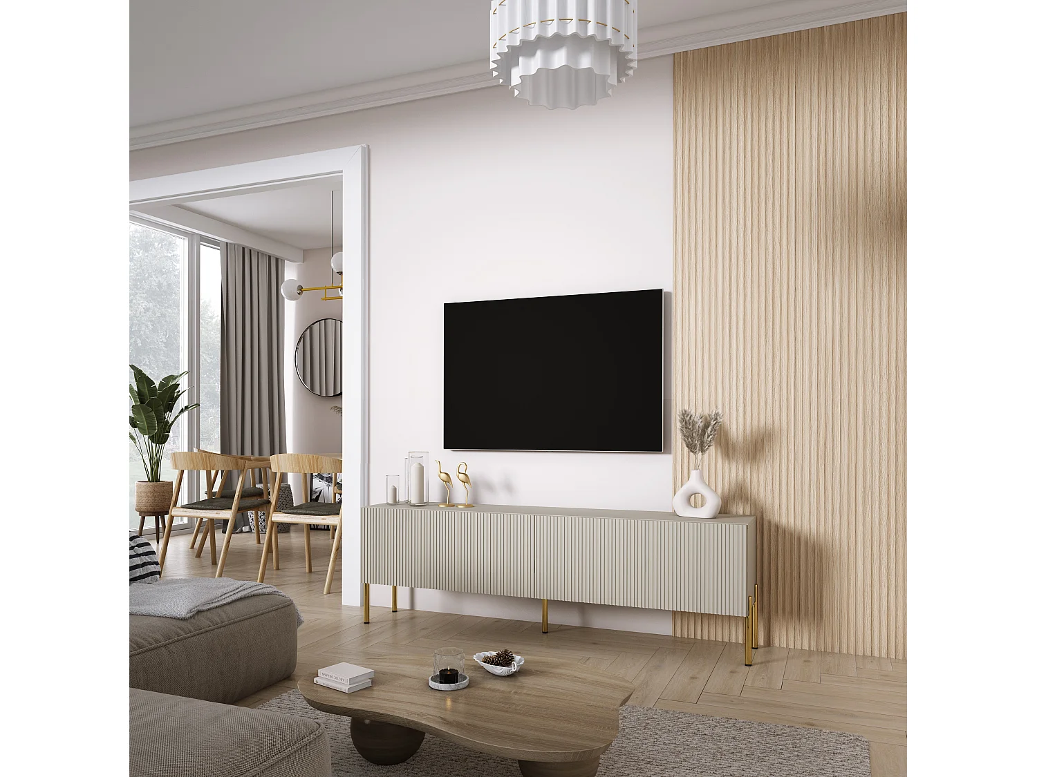 TV-Schrank mit geriffelte Fronten, Kaschmir, gerade goldene Beine, 170 × 32 × 52 cm