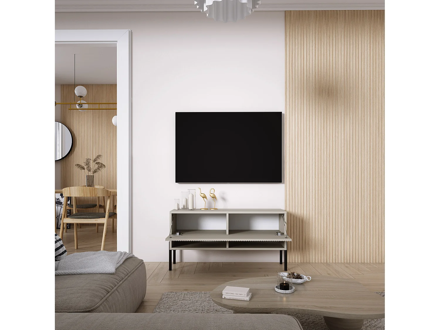 TV-Schrank mit geriffelter Front, Kaschmir, gerade schwarze Beine, 100 × 32 × 52 cm