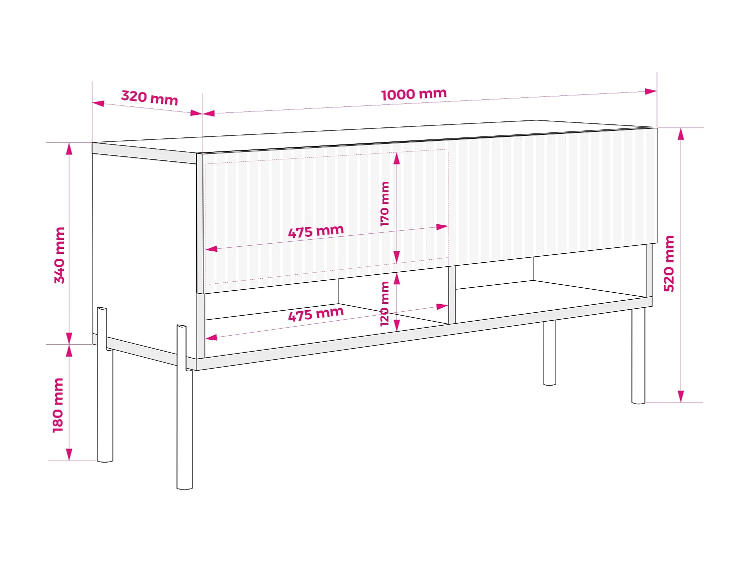 TV-Schrank mit geriffelter Front, Kaschmir, gerade schwarze Beine, 100 × 32 × 52 cm