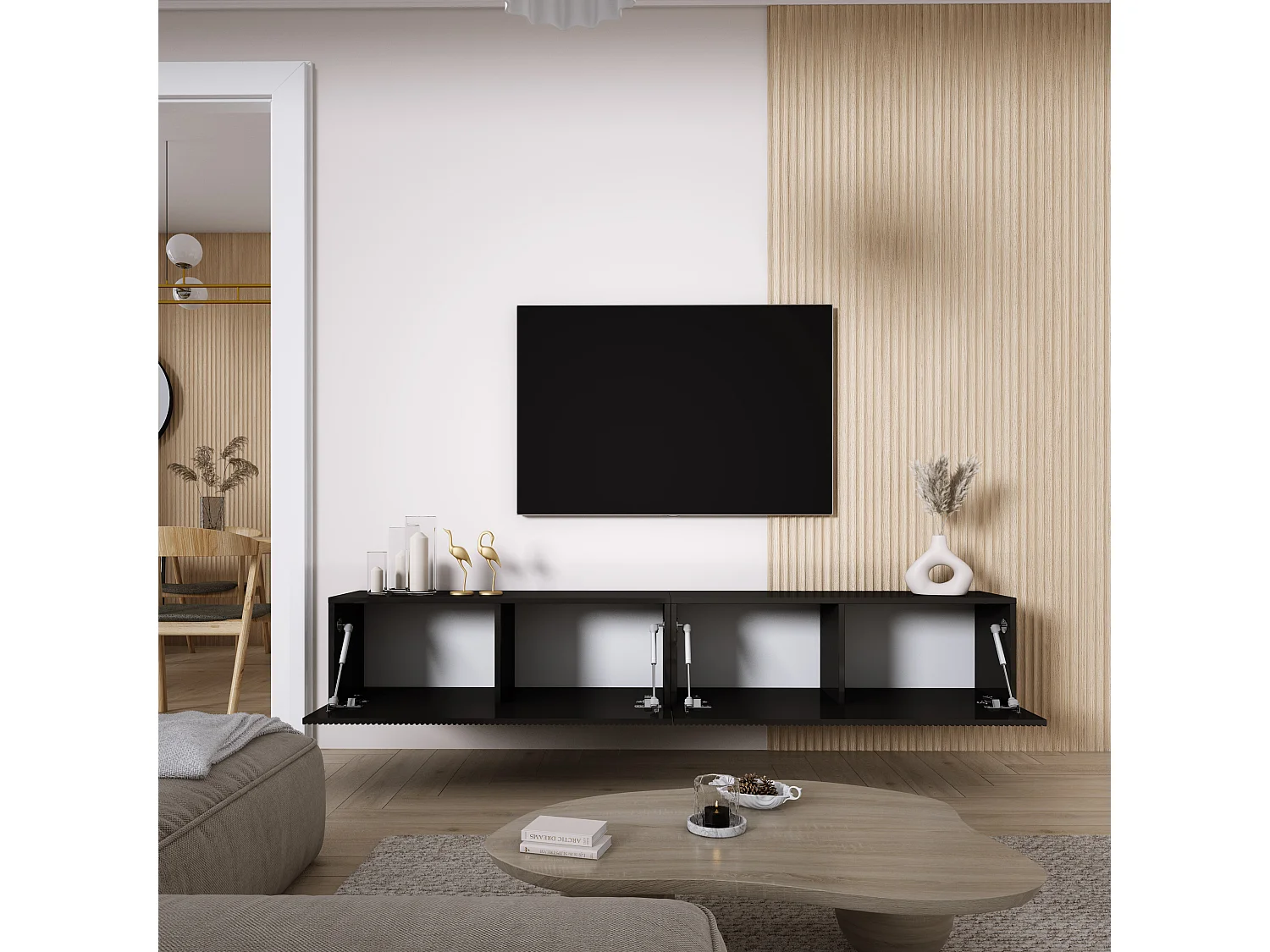 TV-Schrank (2 x 100 cm), geriffelte Fronten, Mattschwarz, 200 × 32 × 33,6 cm