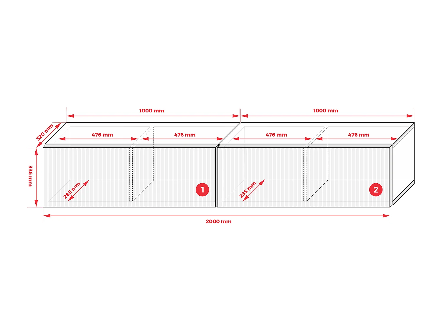 TV-Schrank (2 x 100 cm), geriffelte Fronten, Mattschwarz, 200 × 32 × 33,6 cm