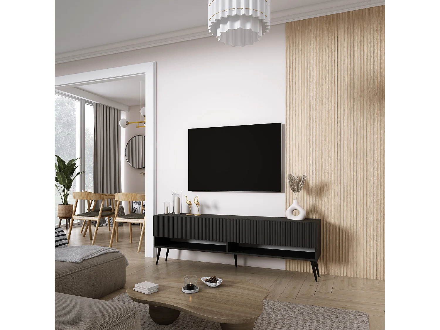 TV-Schrank mit geriffelte Fronten, Mattschwarz, schwarze, schräge Beine, 170 × 32 × 52 cm