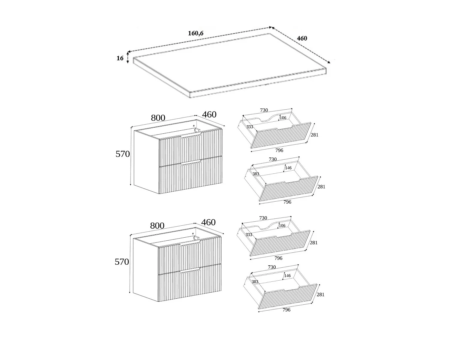Mobiletto da bagno, nero /bianco, 160 (2 x 80) x 58,6 x 46 cm