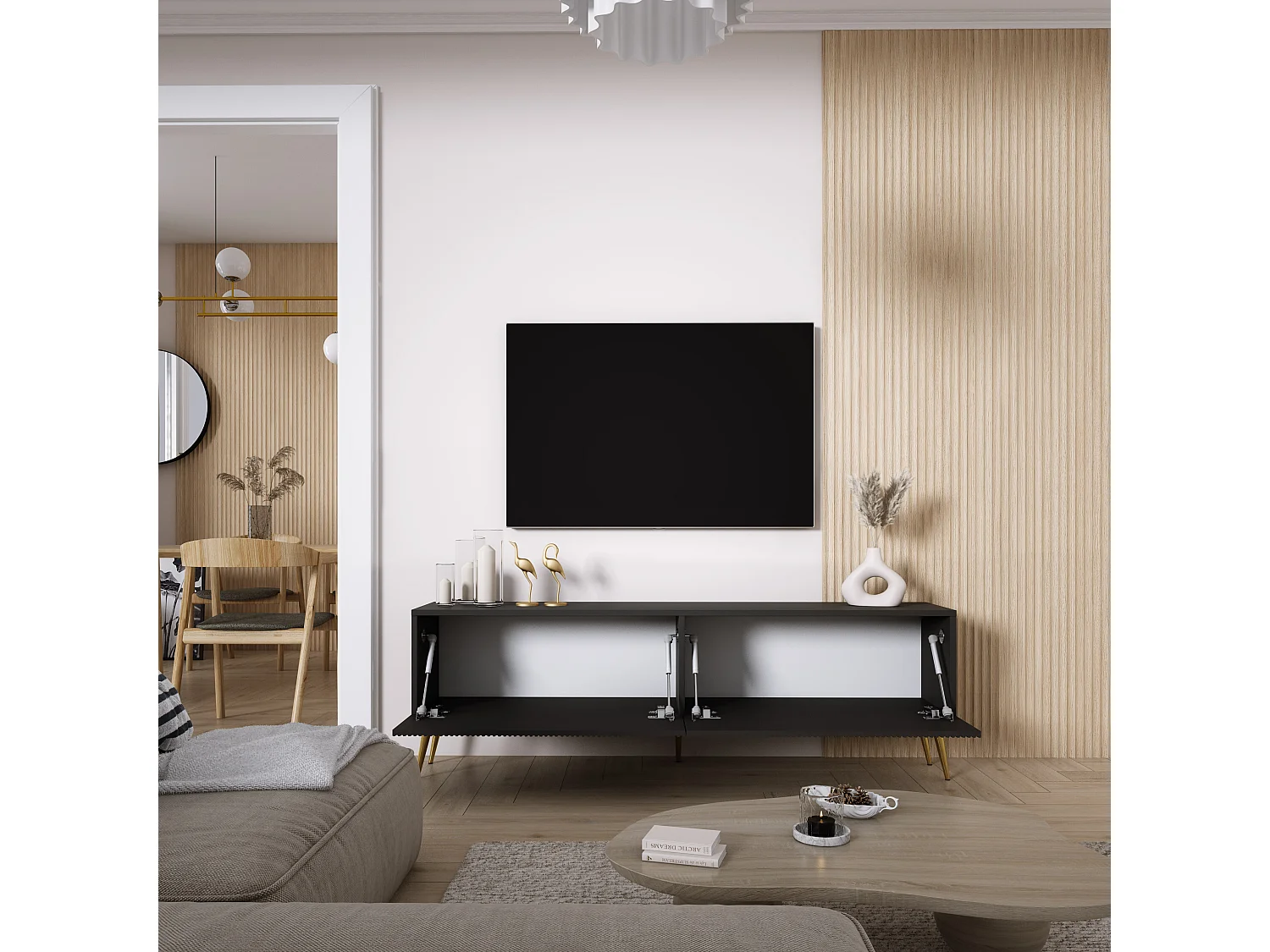 Szafka pod telewizor 170, fronty ryflowane, Czarny Mat, nóżki pochyłe złote, 170 × 32 × 52 cm