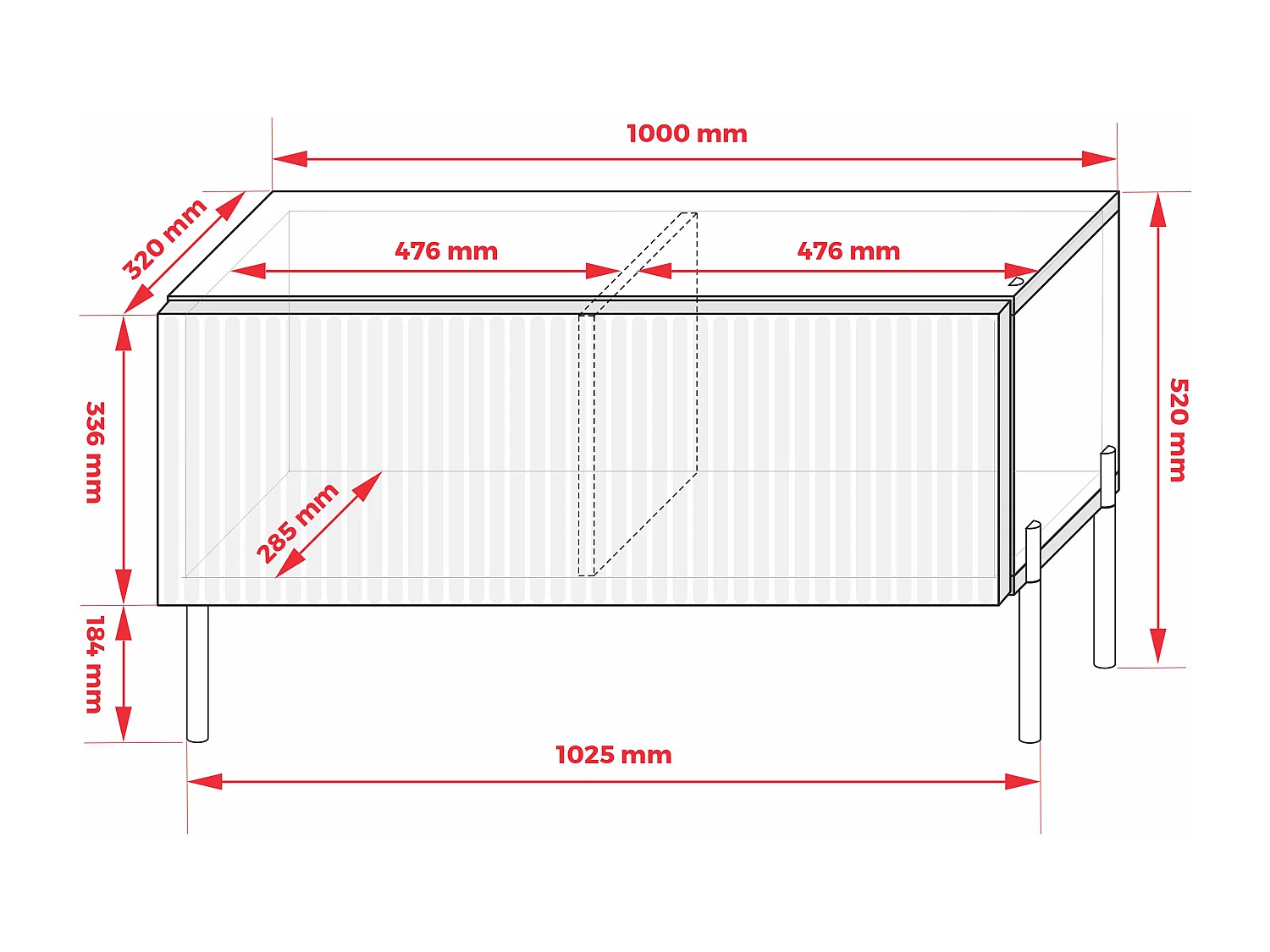 TV-Schrank mit geriffelter Front, Eiche Craft, gerade schwarze Beine, 100 × 32 × 52 cm