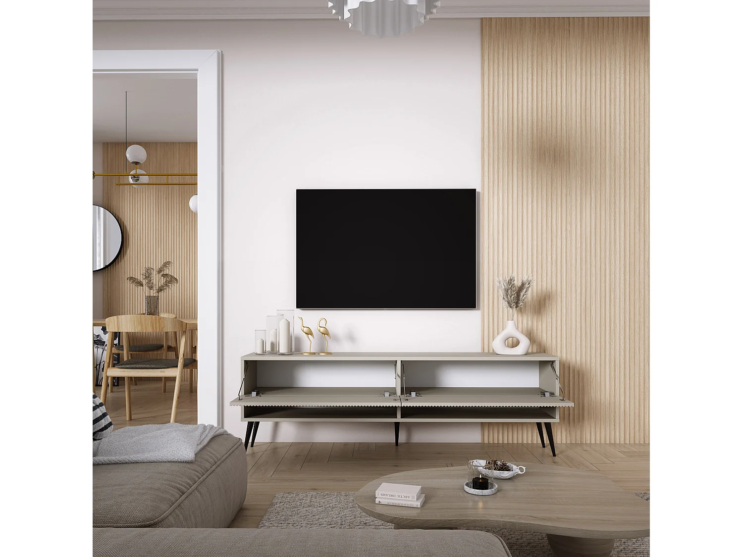 TV-Schrank mit geriffelte Fronten, Kaschmir, schwarze, schräge Beine, 170 × 32 × 52 cm