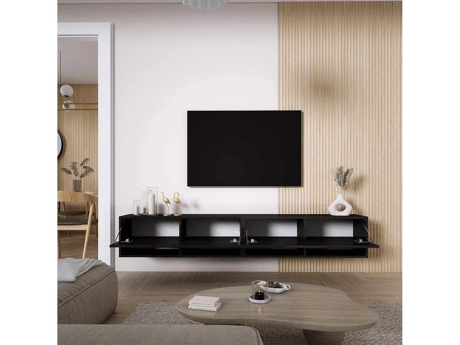 TV-Schrank (2 x 100 cm), geriffelte Fronten, Mattschwarz, 200 × 32 × 33,6 cm