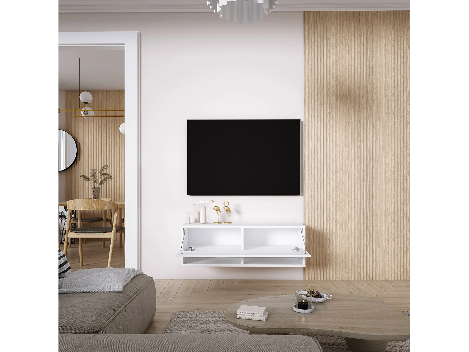 Szafka pod telewizor z ryflowanym frontem 100, Biały Mat, 100 × 32 × 33,6 cm