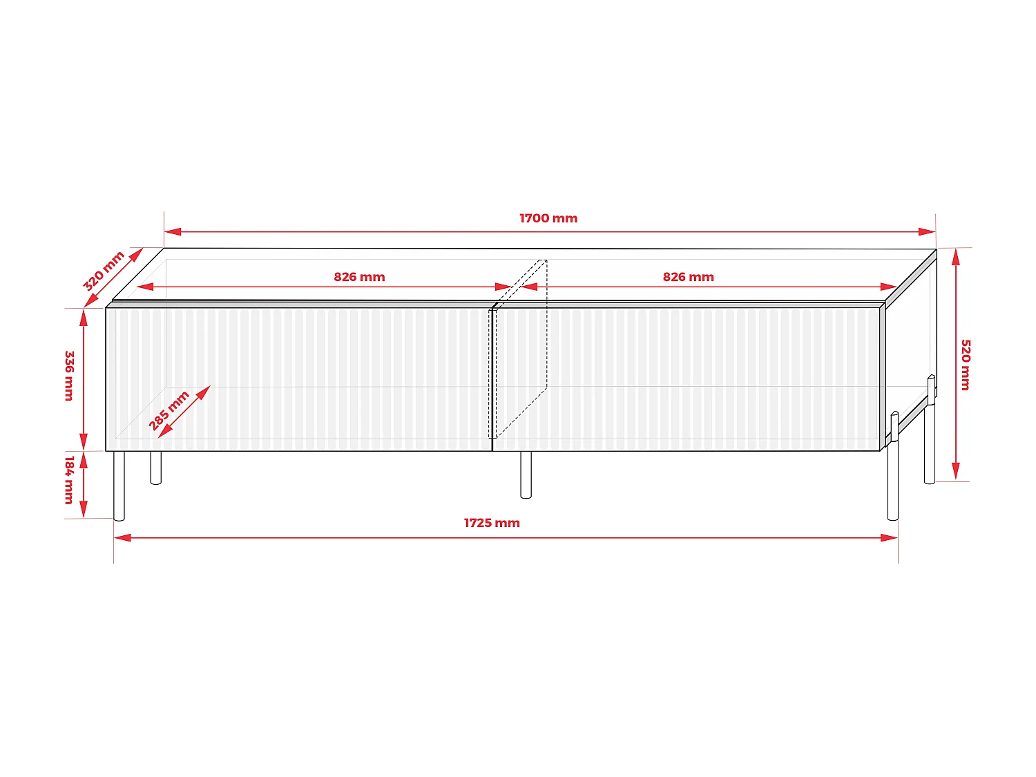 TV-Schrank mit geriffelte Fronten, Eiche Craft, gerade, goldfarbene Beine, 170 × 32 × 52 cm