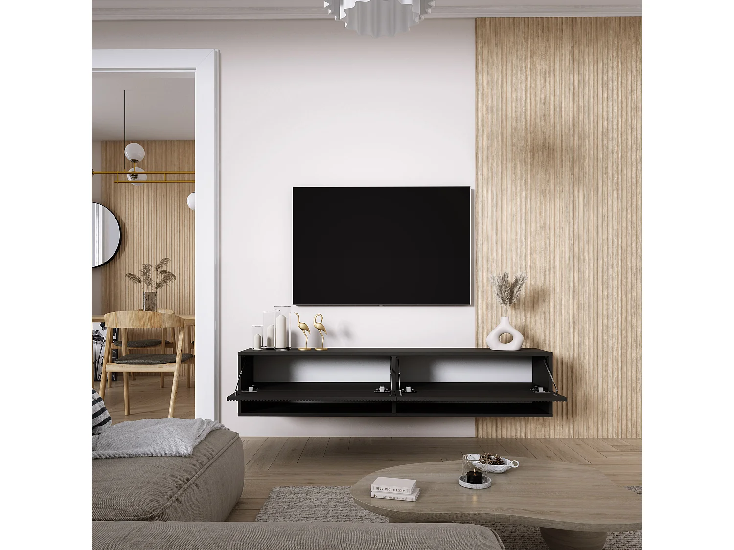 TV-Schrank mit geriffelte Fronten, Mattschwarz, 170 × 32 × 33,6 cm