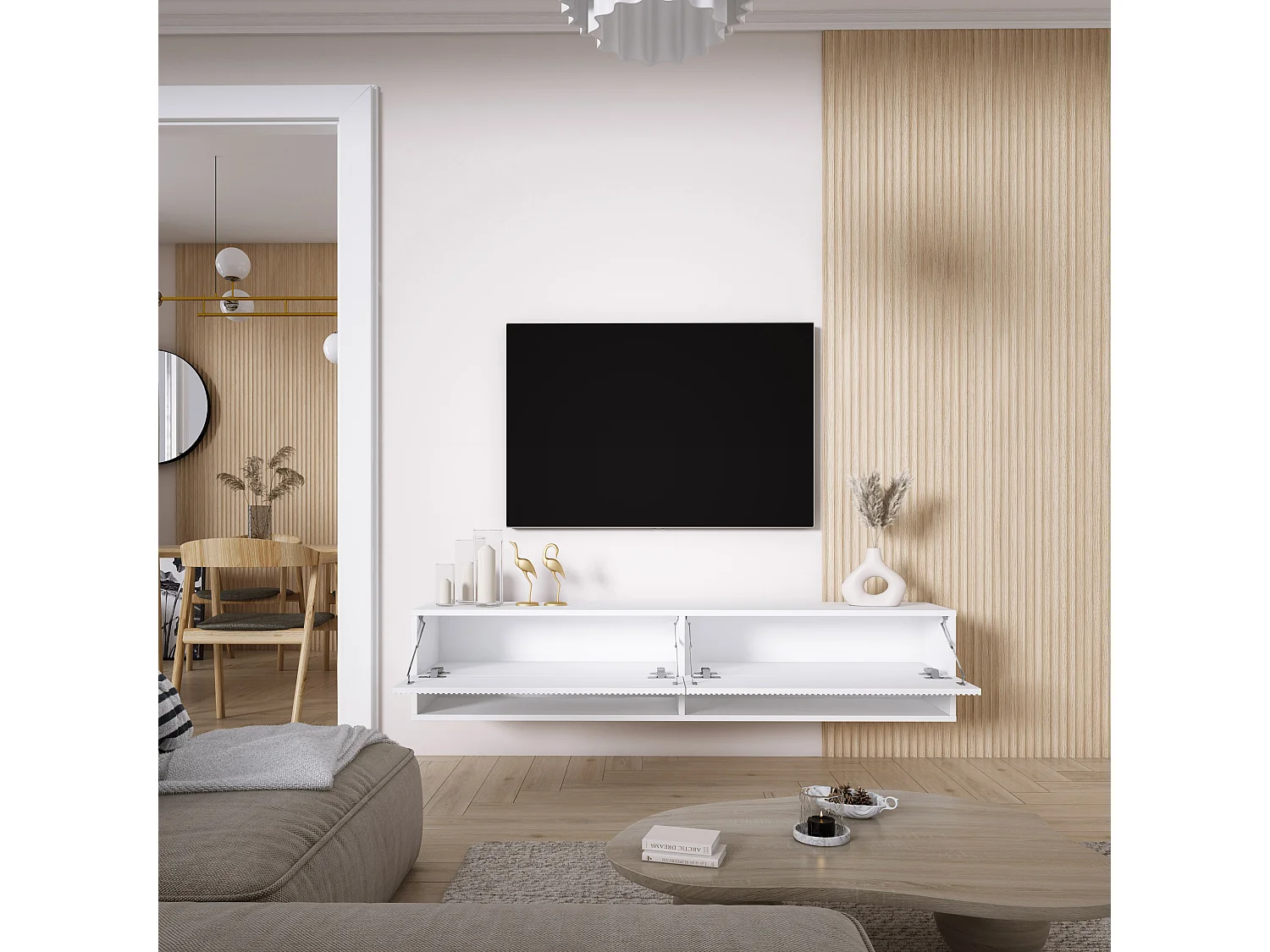 Szafka pod telewizor 170, fronty ryflowane, Biały Mat, 170 × 32 × 33,6 cm