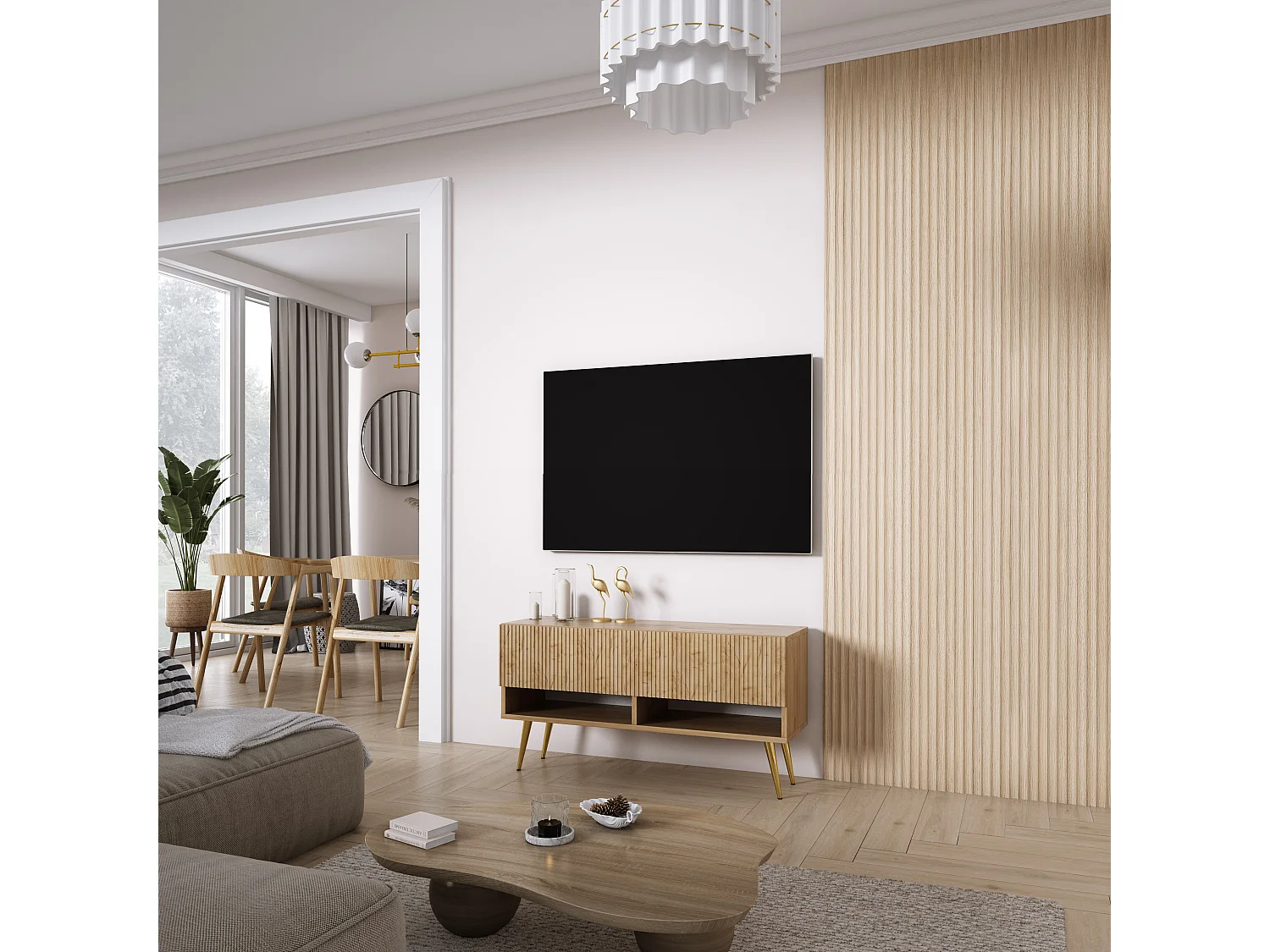 Meuble TV avec façade rainurée, chêne Craft, pieds inclinés dorés, 100 × 32 × 52 cm