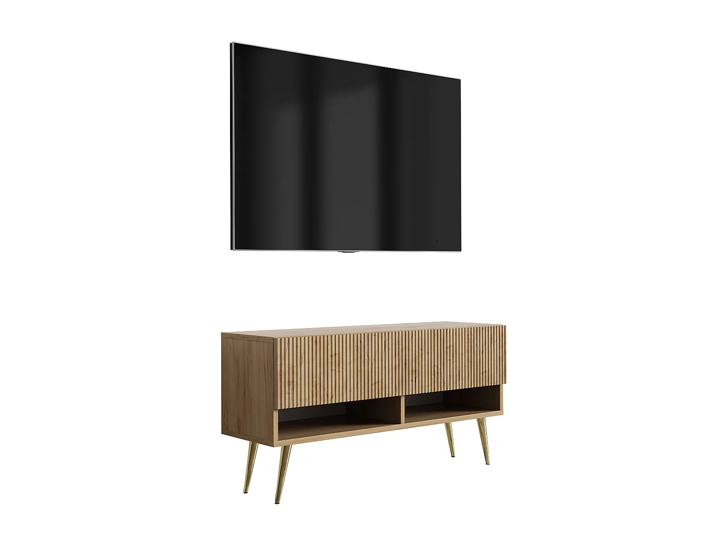 Meuble TV avec façade rainurée, chêne Craft, pieds inclinés dorés, 100 × 32 × 52 cm