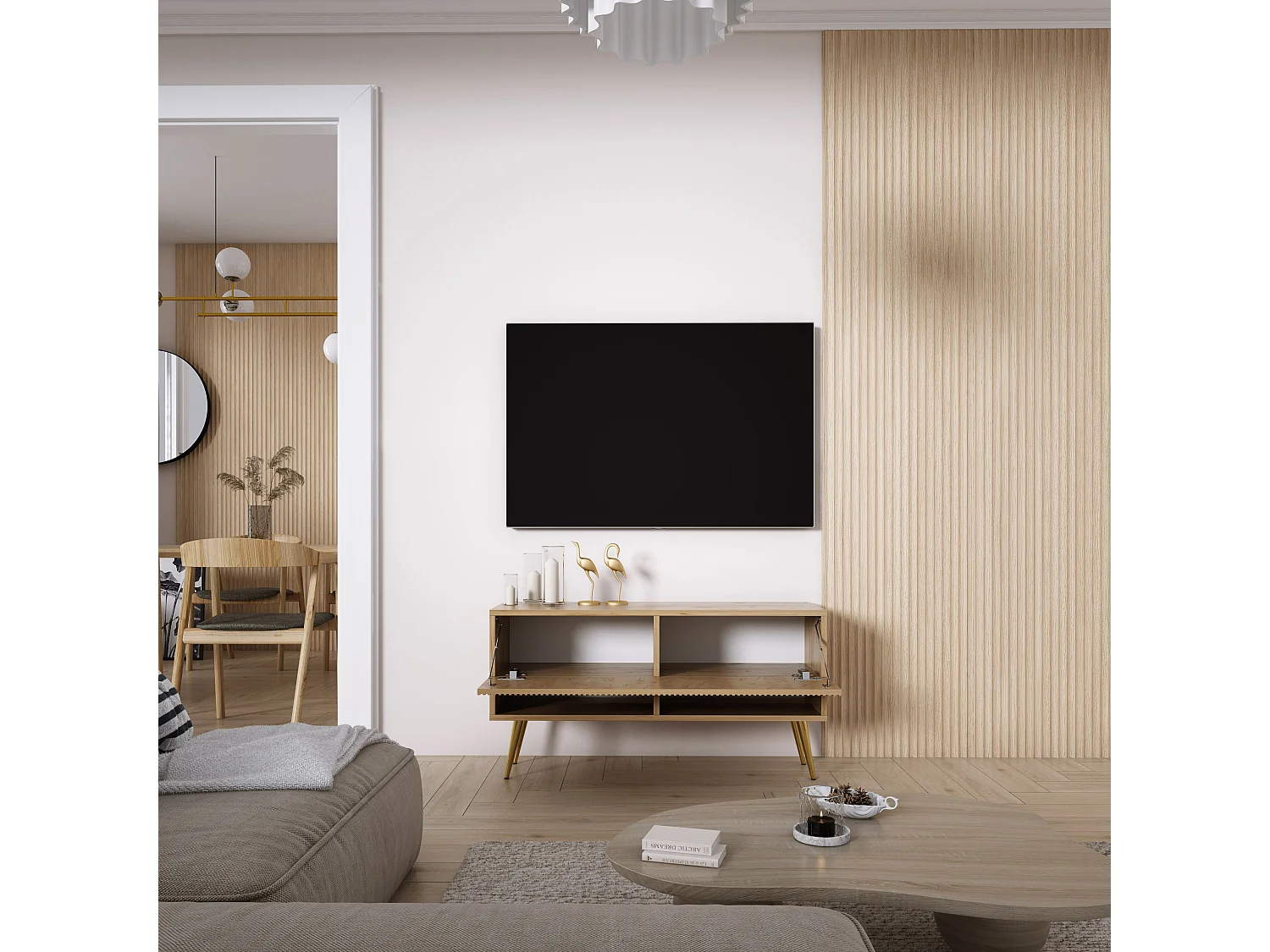 Meuble TV avec façade rainurée, chêne Craft, pieds inclinés dorés, 100 × 32 × 52 cm
