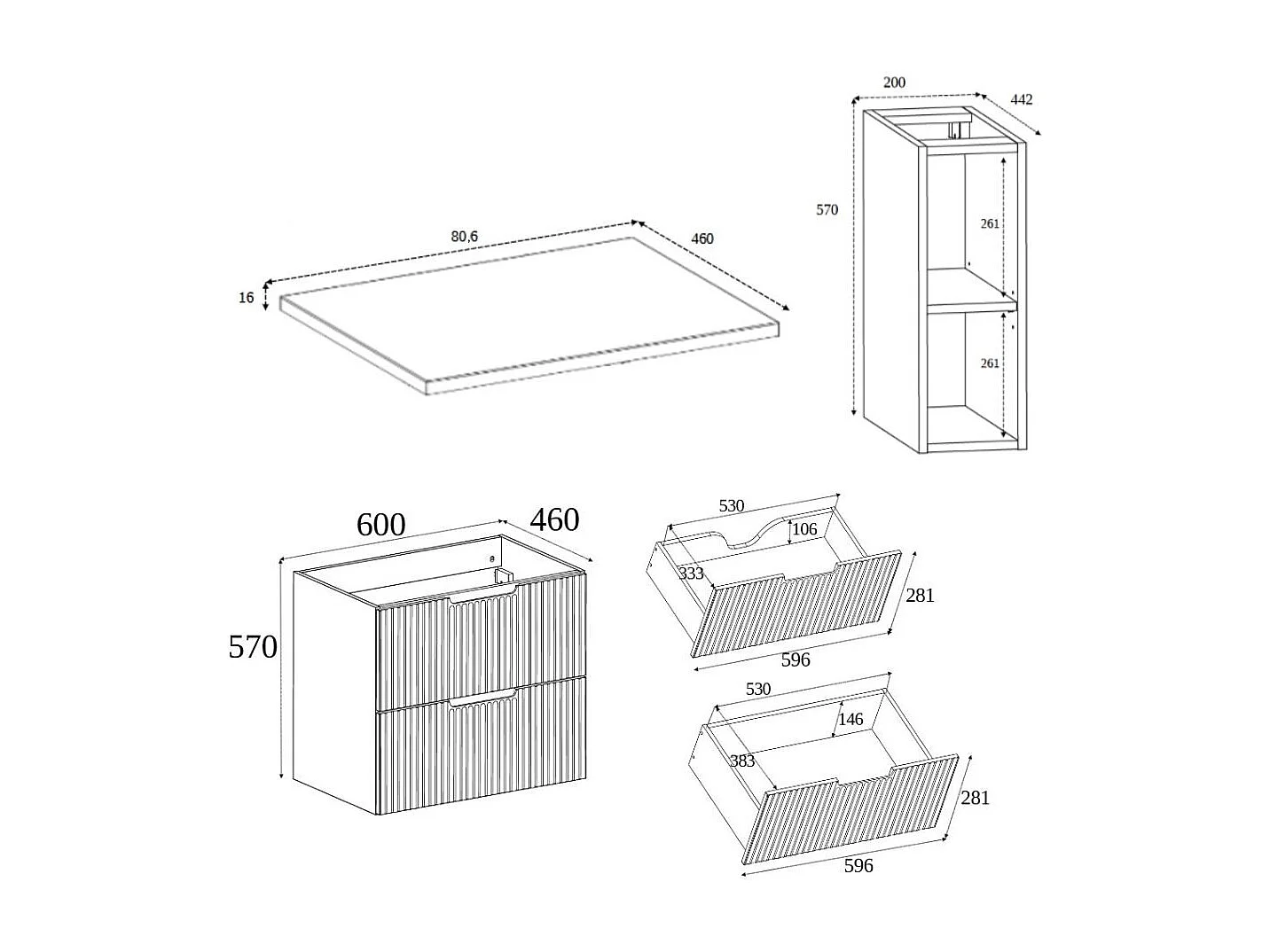 Mobiletto da bagno, bianco / rovere Craft 80 (60 + 20) x 58,6 x 46 cm