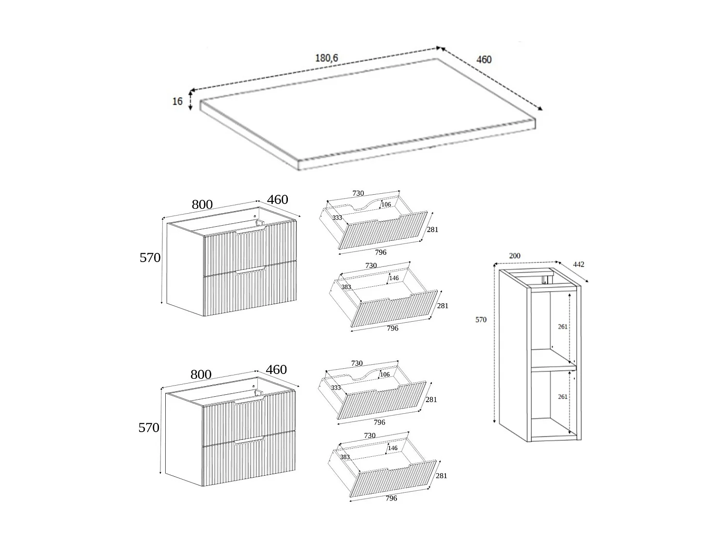 Mobiletto da bagno, bianco / rovere Craft 180 (2 x 80 + 20) x 58,6 x 46 cm
