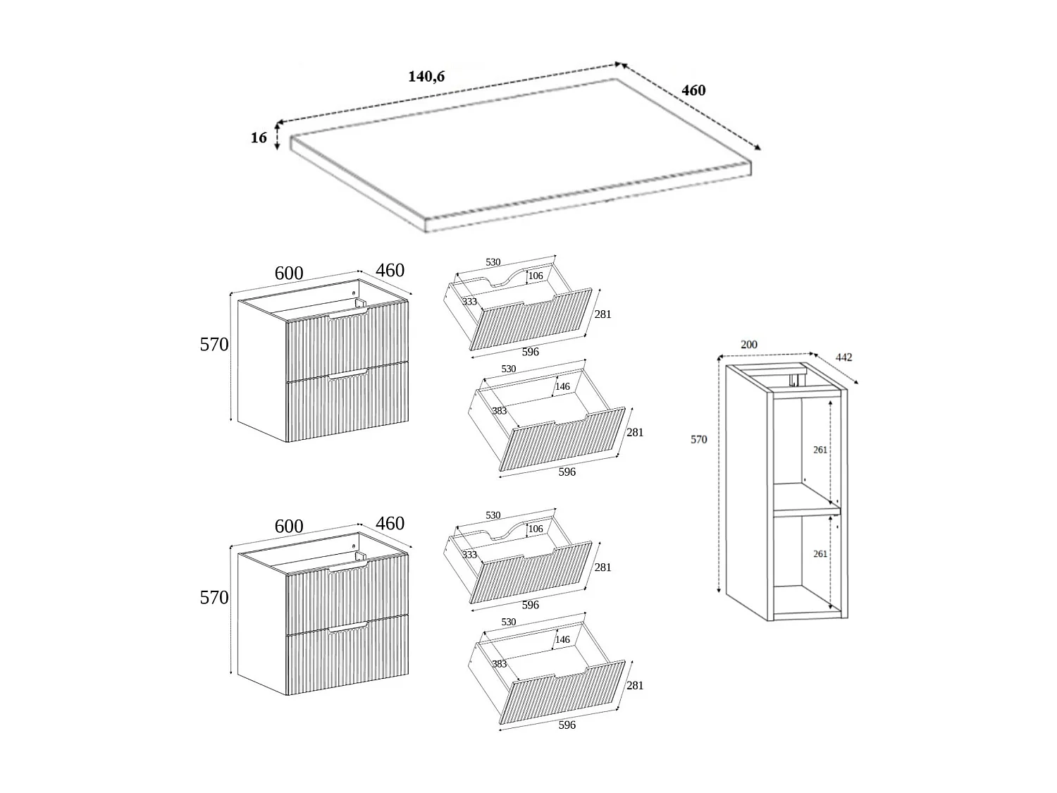 Mobiletto da bagno, Beige/ rovere Craft 140 (2 x 60 + 20) x 58,6 x 46 cm