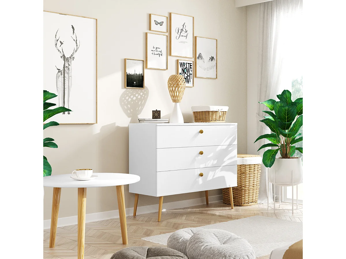 Couchtisch NATURA 67cm Weiß Matt | Rund Beistelltisch Boho Skandi Design | Massivholzbeinen 18mm Platte stabil