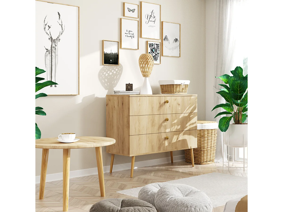 Couchtisch NATURA 67cm Goldkraft Eiche | Rund Beistelltisch Boho Skandi Design | Massivholzbeinen 18mm Platte stabil