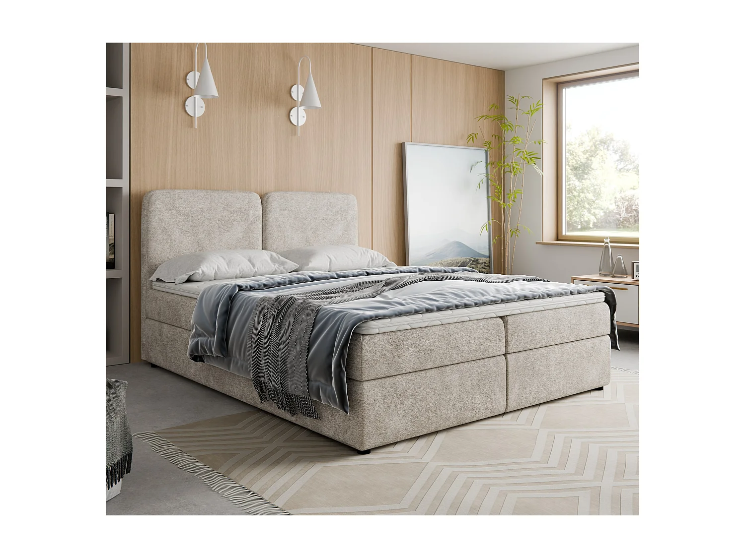 Boxspringbett BOHO 160x200 Bouclé Beige inkl. Topper, 2 Matratzen & 2 Bettkästen