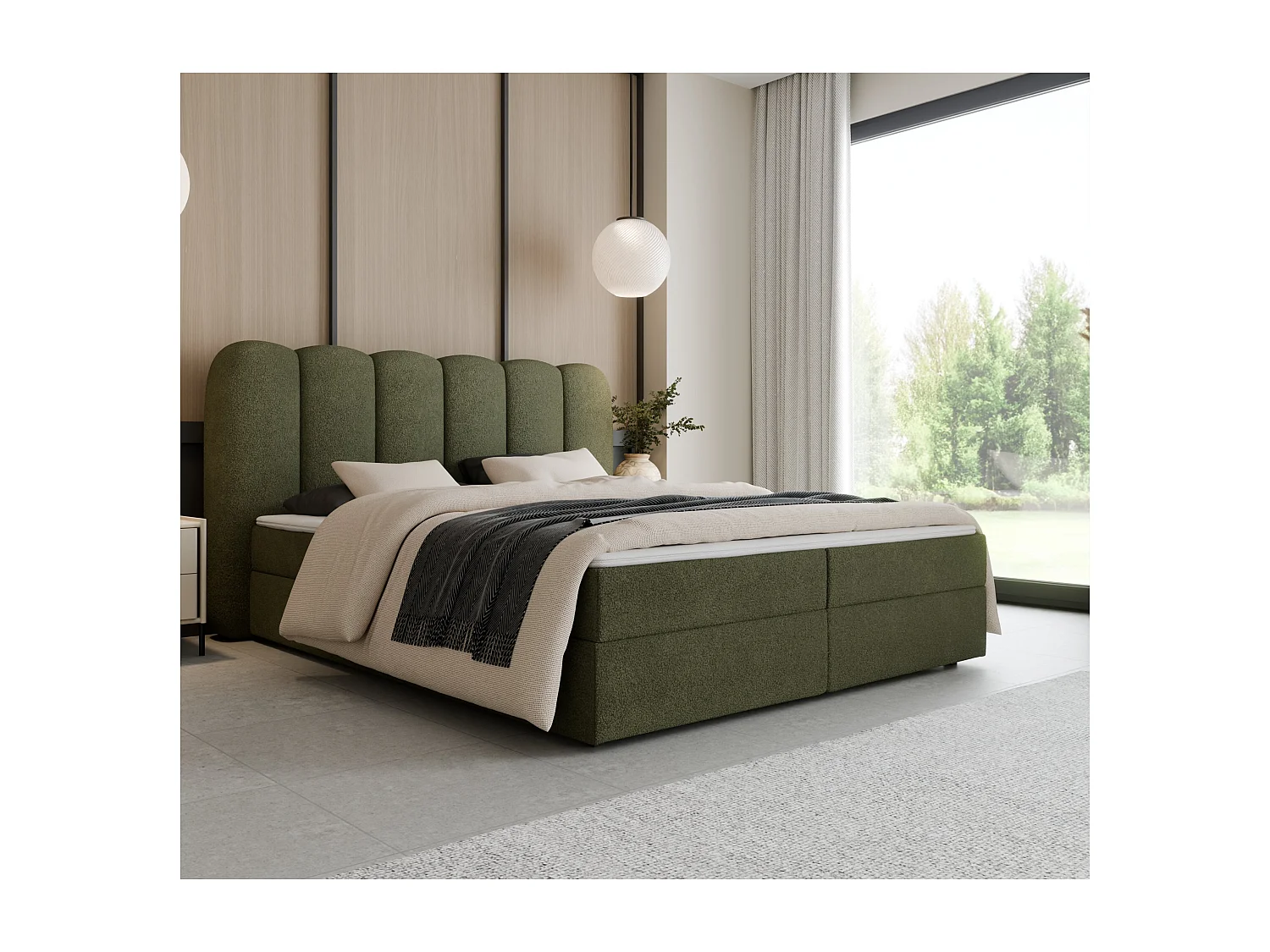 Boxspringbett SOFTI 160x200 Bouclé Olivgrün inkl. Topper, 2 Matratzen & 2 Bettkästen