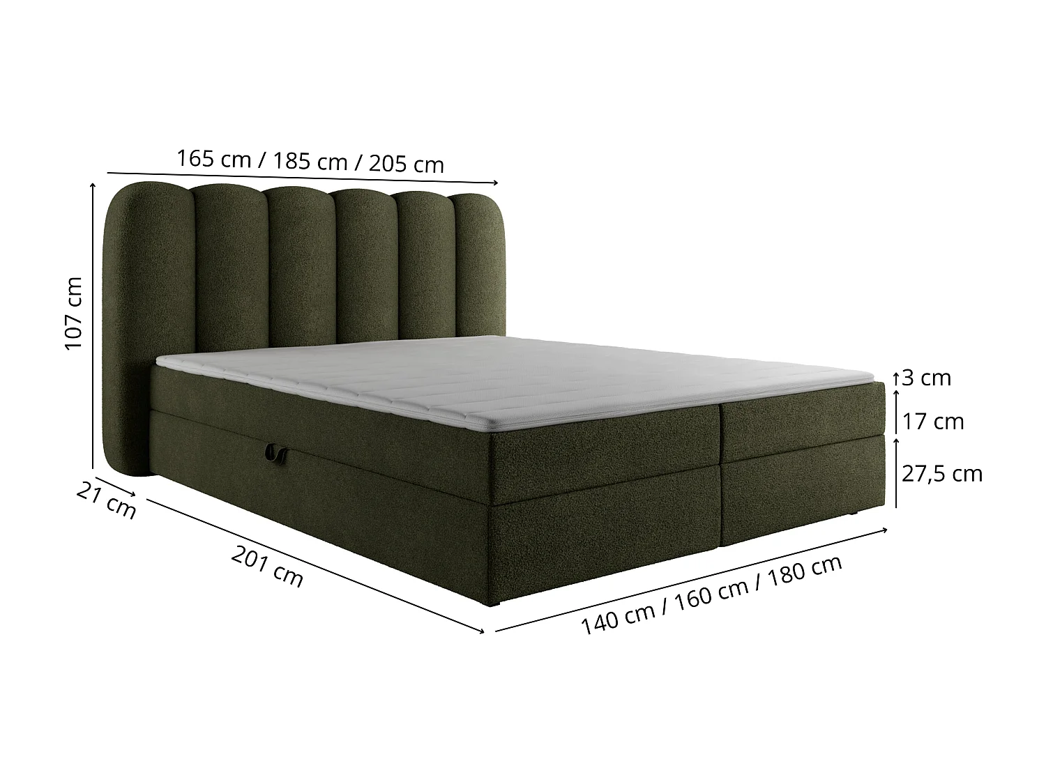 Boxspringbett SOFTI 160x200 Bouclé Olivgrün inkl. Topper, 2 Matratzen & 2 Bettkästen