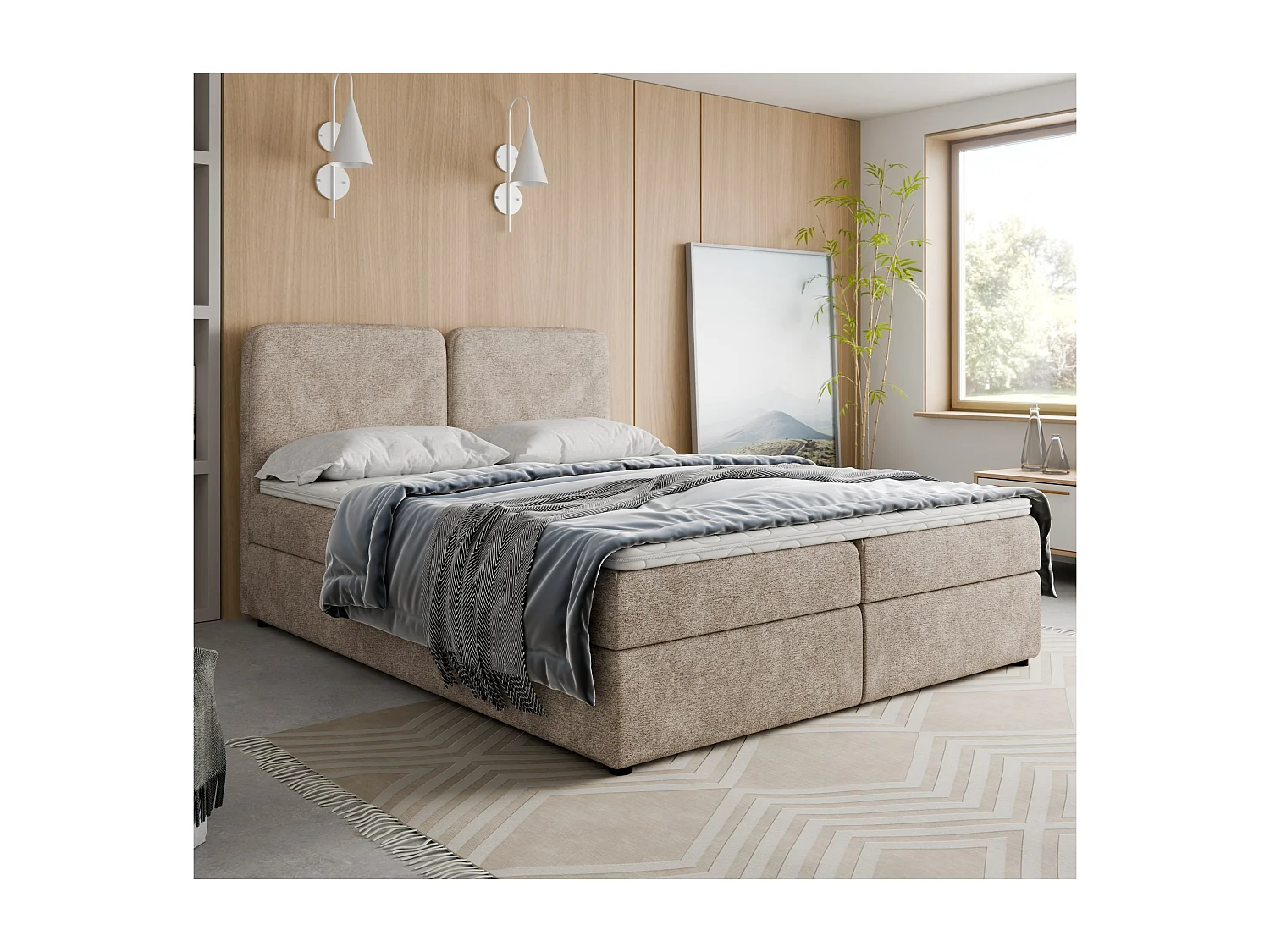 Boxspringbett BOHO 160x200 Bouclé Cappuccino inkl. Topper, 2 Matratzen & 2 Bettkästen