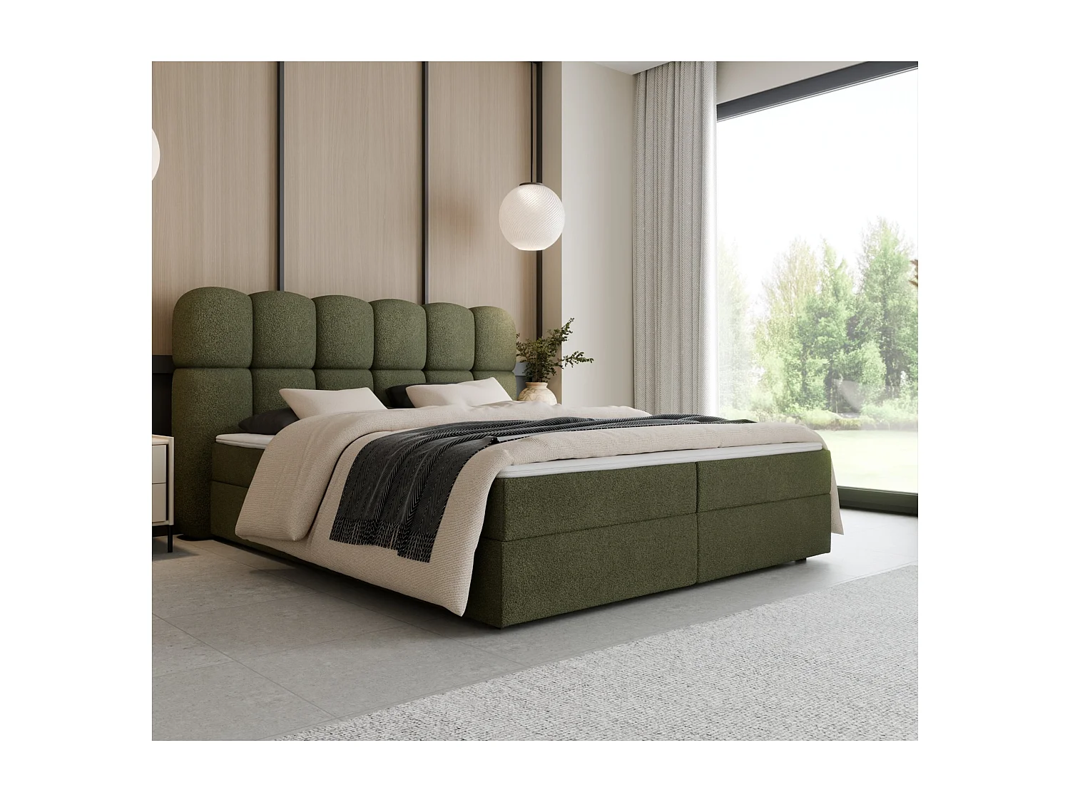 Boxspringbett SOFTI II 140x200 Bouclé Olivgrün inkl. Topper, 2 Matratzen & 2 Bettkästen