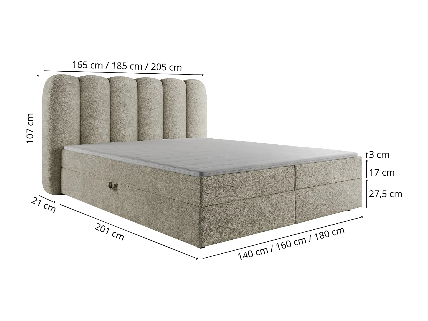 Boxspringbett SOFTI 180x200 Bouclé Cremeweiß inkl. Topper, 2 Matratzen & 2 Bettkästen
