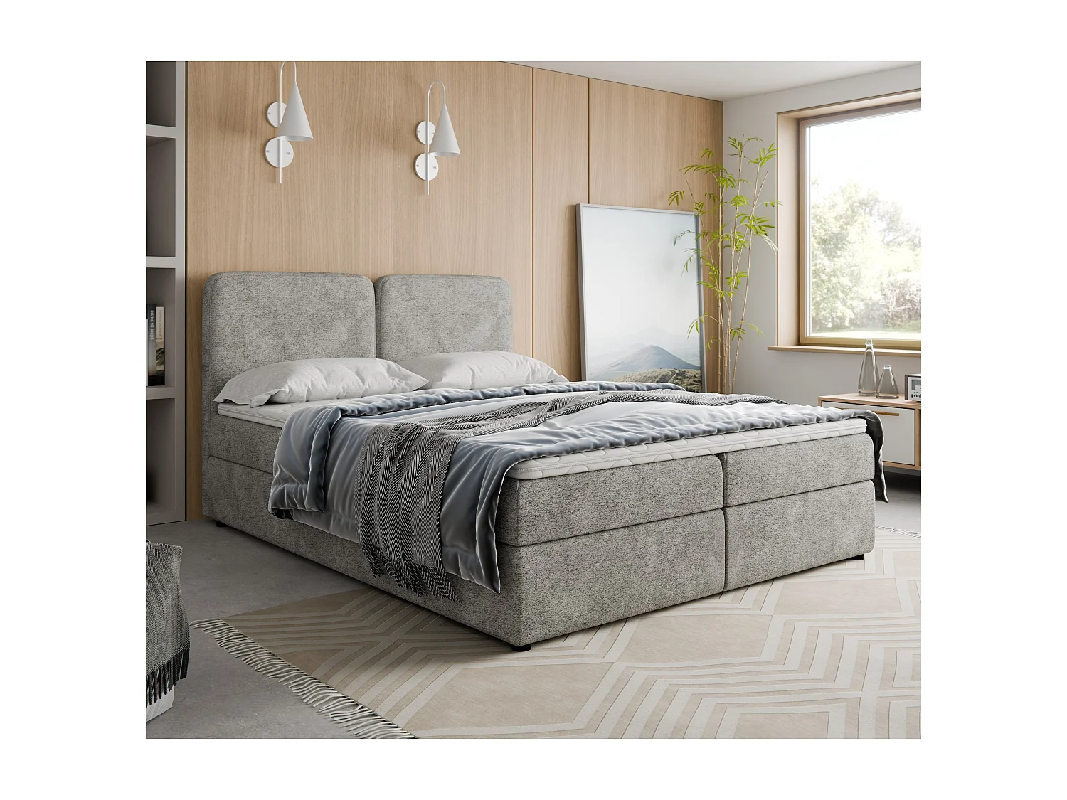 Boxspringbett BOHO 160x200 Bouclé Hellgrau inkl. Topper, 2 Matratzen & 2 Bettkästen