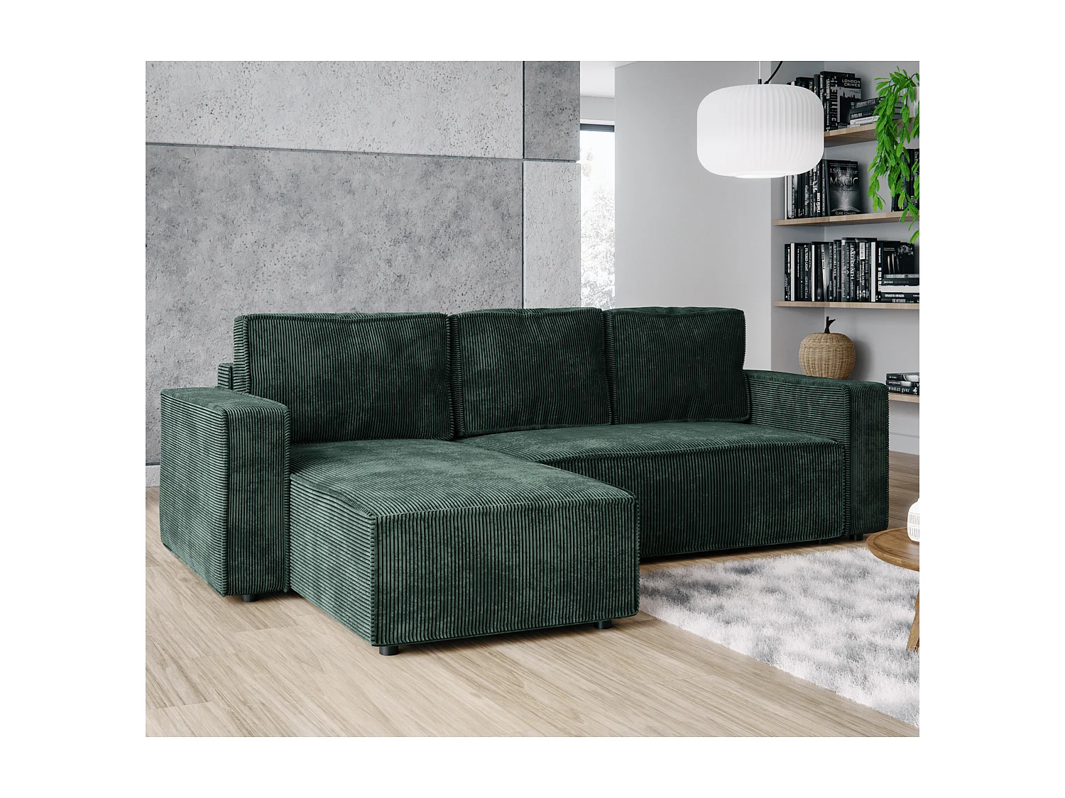 Ecksofa L-Form mit Schlaffunktion DL und Bettkasten 258x169 Cord Poso Tannengrün BRIK Sofa