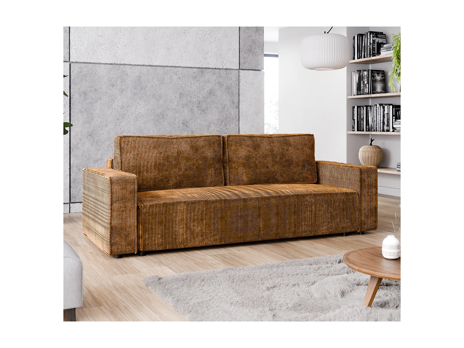 Schlafsofa BRIK 3-Sitzer Cord Poso Senfgelb - Schlaffunktion DL & Bettkasten