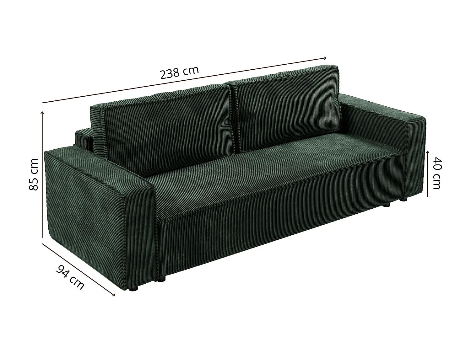 Schlafsofa BRIK 3-Sitzer Cord Poso Tannengrün - Schlaffunktion DL & Bettkasten